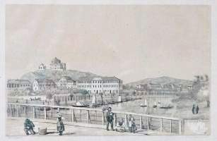 Turku näkymä Tuomiokirkkosillalta alajuoksulle Nikolaintorin rantaa ja Pinella 1855  - litografia  V Stranski / Presso ColomboCoen lib