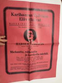 Miehuutta, rohkeutta ja korskeita miehiä, pääsosassa Harold Lloyd -elokuvajuliste v. 1925 "Karihaaran Työväen Elävätkuvat -teatterissa