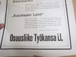 Osuusliike Työkansa.... vastakirjat / ostomerkit -mainosjuliste v. 1930