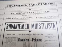 Rovaniemen muistilista - asemilla / kahviloissa / kauppaliikkeissä / julkisissa tiloissa esillä pidetty juliste mm. Rovaniemi - Petsamo linja-autovuorot, elokuvat ym
