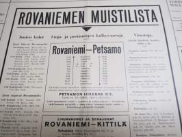 Rovaniemen muistilista - asemilla / kahviloissa / kauppaliikkeissä / julkisissa tiloissa esillä pidetty juliste mm. Rovaniemi - Petsamo linja-autovuorot, elokuvat ym