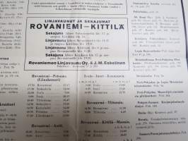 Rovaniemen muistilista - asemilla / kahviloissa / kauppaliikkeissä / julkisissa tiloissa esillä pidetty juliste mm. Rovaniemi - Petsamo linja-autovuorot, elokuvat ym