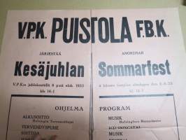 VPK Puistola (Helsinki) FBK Kesäjuhla / Sommarfest 1933 -mainosjuliste / ilmoitus
