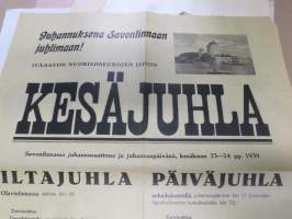 Kesäjuhla (Juhannusjuhla) Savonlinna 1939 -mainosjuliste / ilmoitus