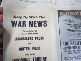 United Press UP War Map - Pacific Ocean - Japan / Hawaii / The World / Philippines... -sotatilannekartta, kartan avulla saattoi pysytellä perillä sotatilanteesta