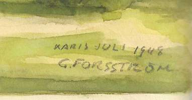 Gunnar Forsström "Karjaan Pyhän Katariinan kirkko ja sen kellotapuli  1948.akvarelli 29x26 cm kehystämätön
