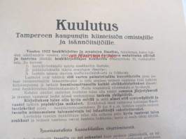 Kuulutus Tampereen kaupungin kiinteistön omistajille ja isännöitsijöille vuoden 1922 henkikirjoitus ja asuntojen ilmoitus