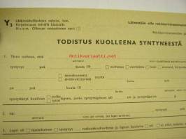 Todistus kuolleena syntyneestä -Lääkintöhallitus Y3-lomake 1955