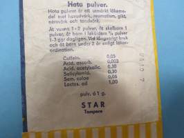 Hota-pulveri, annosjauheita 18 pussia (alunperin, nyt yksi jäljellä) -avattu pussi, kulttimaineessa olevan tuotteen alkuperäinen pakkaus