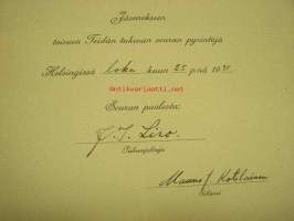 Eläin- ja Kasvitieteellinen Seura Vanamo kutsuu teidät Fil. maisteri Auvo V. Auer Jäsenekseen... 1935, allekirjoitus J.I. Liro, Mauno J. Kotilainen -jäsenkutsu