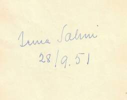 Irma Salmi , postikortin originaali sign a tergo 1951 koko 21x14 cm