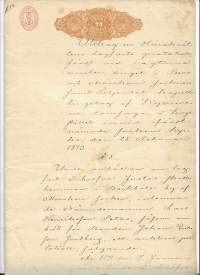 Käräjäpöytäkirjan ote  1873  Pernaja, Mänpää ja Liljendahl  - kolmella 20 pennin veroleimapaperilla