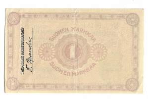 Suomen Yhdyspankki Tampereen Rahatoimikamari 1 markan tilapäinen maksumääräys 1918  leima ja allekirjoitus