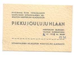 Kutsu Pikkujoulujuhlaan Mäntsälän Seurojentalo 1951