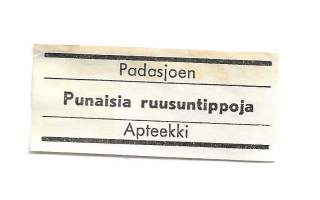 Padasjoen Apteekki / Punaisia ruusuntippoja - apteekkietiketti 1950-luku