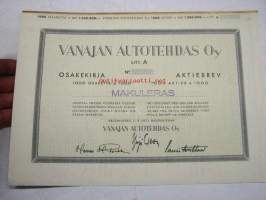 Vanajan Autotehdas Oy, Helsinki 1951, 1 000 osaketta, 1 000 000 mk -osakekirja