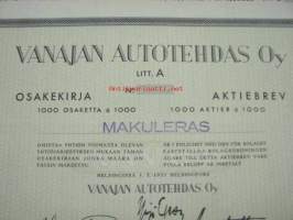 Vanajan Autotehdas Oy, Helsinki 1951, 1 000 osaketta, 1 000 000 mk -osakekirja