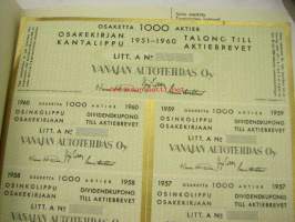 Vanajan Autotehdas Oy, Helsinki 1951, 1 000 osaketta, 1 000 000 mk -osakekirja