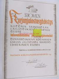 Suomen Karjanjalostusyhdistys kiittäen saamastaan lahjoituksesta kutsuu teidät Inkeri Uusitalo talorahastonsa perustajajäseneksi 1.4.1949
