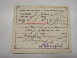 Suomen Valtionrautatiet Vapaapiletti 2 luokka Insinööri V. Laurinen, 2.10.1910 Helsinki - Tampere