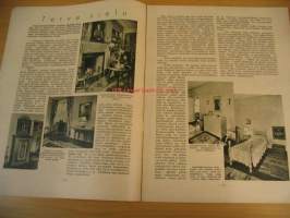 Oma Koti 1933 nr 1 (kansi Martta Wendelin, aihe mummo kutoo sukkaa, vauva nukkuu kehdossa)