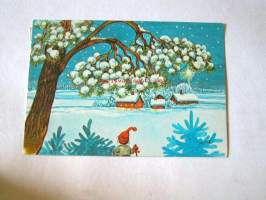 postikortti   tonttu ja puu