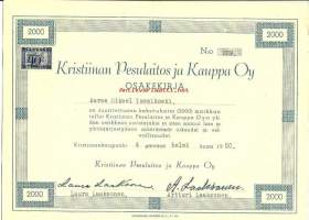 Kristiinan Pesulaitos ja Kauppa Oy, 2000 mk  osakekirja,  Kristiinankaupunki 4.2.1950