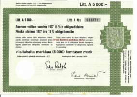 Suomen valtion vuoden 1977   11 %:n obligaatiolaina Litt A 5000 mk, Helsinki   2.1.1977 - obligaatio