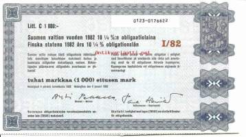 Suomen valtion vuoden 1982 10,25   %:n obligaatiolaina Litt C 1 000 mk, Helsinki   4.1.1982 -  obligaatio