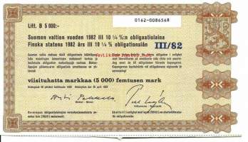 Suomen valtion vuoden 1982 III  10,25  %:n obligaatio laina      Litt B  1 000 mk, Helsinki   26.4.1982