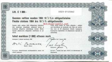 Suomen valtion vuoden 1984  10,25  %:n obligaatiolaina      Litt C  1 000 mk, Helsinki   2.1.1984 -obligaatio