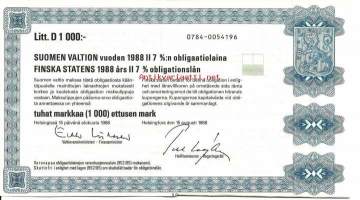 Suomen valtion vuoden 1988  II  7  %:n obligaatiolaina      Litt D 1 000 mk, Helsinki  15.8..1988 obligaatio