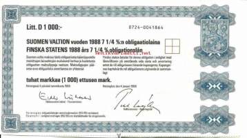 Suomen valtion vuoden 1988    7,25  %:n obligaatiolaina      Litt D 1 000 mk, Helsinki  4.1.1988 - obligaatio