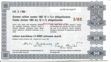 Suomen valtion vuoden 1982    10,25  %:n obligaatiolaina      Litt C 1000 mk, Helsinki  4.1.1982  obligaatio
