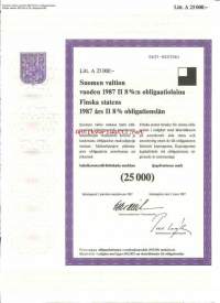 Suomen valtion vuoden 1987  II 8  %:n obligaatiolaina      Litt A 25 000 mk, Helsinki  2.3.1987 obligaatio