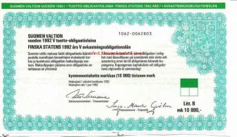 Suomen valtion vuoden 1992  V tuotto- obligaatiolaina      Litt B 10 000 mk, Helsinki 1.6.1992 obligaatio