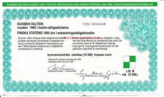 Suomen valtion vuoden 1995  I tuotto- obligaatiolaina      Litt B  10 000 mk, Helsinki   2.1.1995 obligaatio