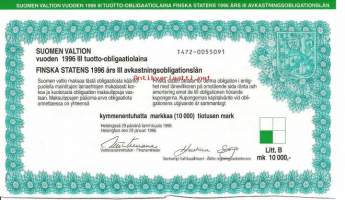 Suomen valtion vuoden 1996  III tuotto- obligaatiolaina      Litt B 10 000 mk, Helsinki   29.1.1996
