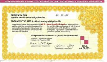 Suomen valtion vuoden 1998  VI tuotto- obligaatiolaina      Litt A 50 000 mk, Helsinki   7.9.1998  obligaatio