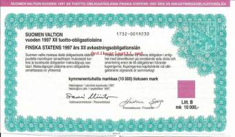 Suomen valtion vuoden 1997  XII tuotto- obligaatiolaina      Litt B 10 000 mk, Helsinki   1.9.1997  obligaatio