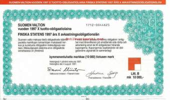 Suomen valtion vuoden 1997  X  tuotto- obligaatiolaina    Litt B 10 000 mk, Helsinki   4.8.1997 -obligaatio