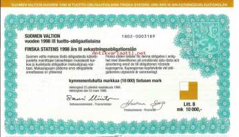 Suomen valtion vuoden 1998  III tuotto- obligaatiolaina      Litt B 10 000 mk, Helsinki   23.3.1998