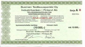 Suomen Teollisuuspankki  Oyj:n teollisuusobligaatiolaina      sarja A  10 000 mk, Helsinki  5.4.1994