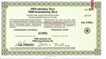 PSP-rahoitus Oy vuoden  1986  joukkovelkakirjalaina  Litt  B 5000 mk, Helsinki 6.1.1986