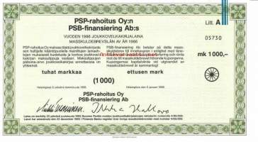 PSP-rahoitus Oy vuoden  1986  joukkovelkakirjalaina  Litt  A 1000 mk, Helsinki 6.1.1986