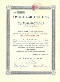 Kutomotuote Oy Ab 7 % förlagsbevis ( s.k.Participanting debenture) 5000 Fmk , Helsinki 1.1.1938