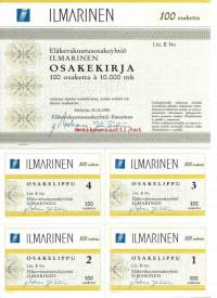 Ilmarinen Eläkevakuutus Oy, 100x 10 000 mk  osakekirja, Helsinki 25.10.1990