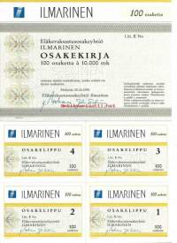 Ilmarinen Eläkevakuutus Oy, 100x 10 000 mk  osakekirja, Helsinki 25.10.1990