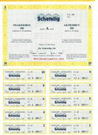 Schetelig Oy , Litt AE    100x 10 mk  osakekirja, Vantaa 2.5.1989
