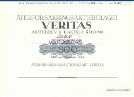 Veritas Återförsäkrings Ab , Litt D  500 mk  osakekirja, Turku 10.11.1941